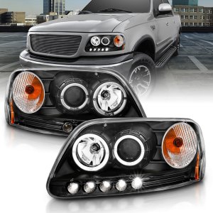 Ford F-150 Projector Headlights - ANZO - With Halo and LED - Black - `97-`03