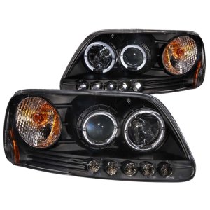 Ford F-150 Projector Headlights - ANZO - With Halo and LED - Black - `97-`03