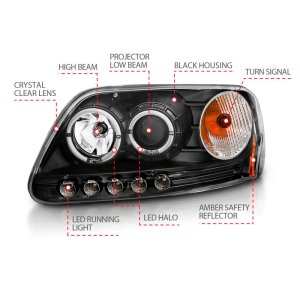 Ford F-150 Projector Headlights - ANZO - With Halo and LED - Black - `97-`03