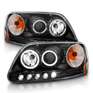 Ford F-150 Projector Headlights - ANZO - With Halo and LED - Black - `97-`03