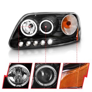 Ford F-150 Projector Headlights - ANZO - With Halo and LED - Black - `97-`03