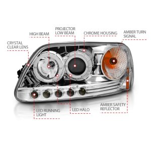 Ford F-150 Projector Headlights - ANZO - Halo and LED - Chrome - `97-`03