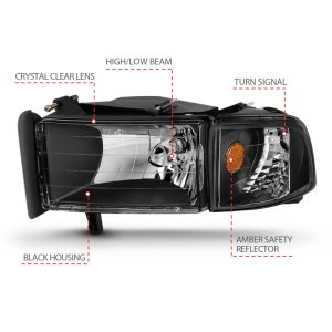 Dodge Ram Headlights - ANZO - Crystal with Clear Lens - Black - `94-`01