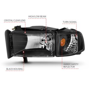 Dodge Ram Headlights - ANZO - Crystal with Clear Lens - Black - `94-`01