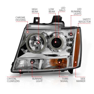 Chevrolet Avalanche Projector Headlights - ANZO - w/ Halo, Clear Lens, Chrome Housing, Pair, CCFL - Chrome - `07-`13