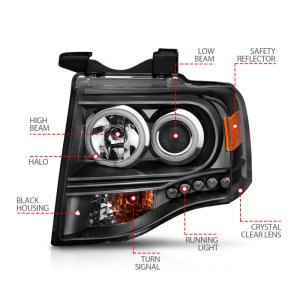 Ford Expedition Projector Headlights - ANZO - w/Halo, Clear Lens, Black Housing, CCFL - Black - `07-`14