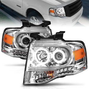Ford Expedition Projector Headlights - ANZO - w/Halo, Clear Lens, RX Halo, w/LED Parking/Projector/Halo - Chrome - `07-`14