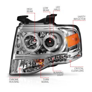 Ford Expedition Projector Headlights - ANZO - w/Halo, Clear Lens, RX Halo, w/LED Parking/Projector/Halo - Chrome - `07-`14