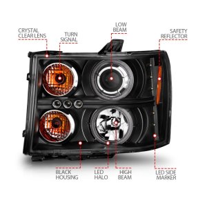 GMC Sierra Projector Headlights - ANZO - w/ Halo, Black Housing, Clear Lens, CCFL, Pair - Black - `07-`13
