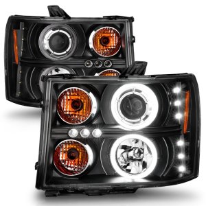 GMC Sierra Projector Headlights - ANZO - w/ Halo, Black Housing, Clear Lens, CCFL, Pair - Black - `07-`13