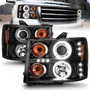 GMC Sierra Projector Headlights - ANZO - w/ Halo, Black Housing, Clear Lens, CCFL, Pair - Black - `07-`13