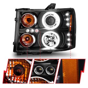 GMC Sierra Projector Headlights - ANZO - w/ Halo, Black Housing, Clear Lens, CCFL, Pair - Black - `07-`13