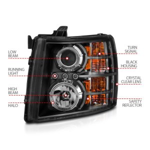 Chevrolet Silverado 1500 Projector Headlights - ANZO - w/ Halo, Clear Lens - Black - `07-`13