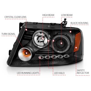 Ford F-150 Projector Headlights - ANZO - G2 w/ Halo and LED - Black - `04-`08
