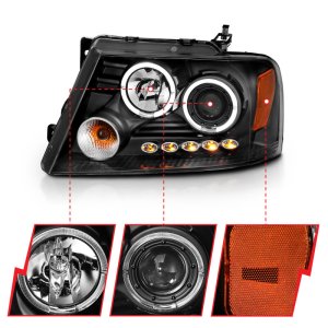 Ford F-150 Projector Headlights - ANZO - G2 w/ Halo and LED - Black - `04-`08