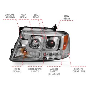 Ford F-150 Projector Headlights - ANZO - w/U-Bar, Clear Lens, Chrome Housing - Chrome - `04-`08 Ford F-150 Projector Headlights - ANZO - w/U-Bar, Clear Lens, Chrome Housing - Chrome - `04-`08