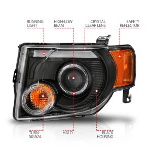 Ford Escape Projector Headlights - ANZO - w/ Halo, Black Housing, Plank Style - Black - `08-`12