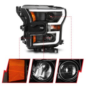 Ford F-150 Projector Headlights - ANZO - Plank Style Switchback - Black w/ Amber - `15-`17