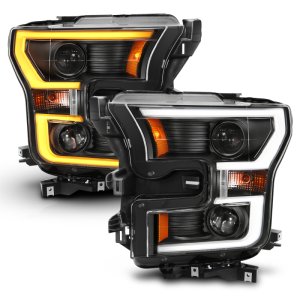 Ford F-150 Projector Headlights - ANZO - Plank Style Switchback - Black w/ Amber - `15-`17