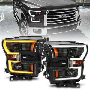 Ford F-150 Projector Headlights - ANZO - Plank Style Switchback - Black w/ Amber - `15-`17