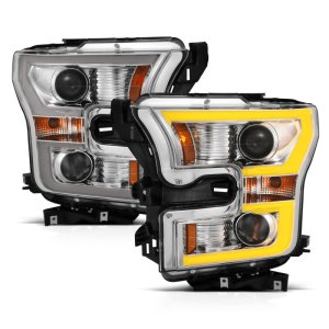 Ford F-150 Projector Headlights - ANZO - Plank Style Switchback - Chrome w/ Amber - `15-`17