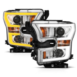 Ford F-150 Projector Headlights - ANZO - Plank Style Switchback - Chrome w/ Amber - `15-`17