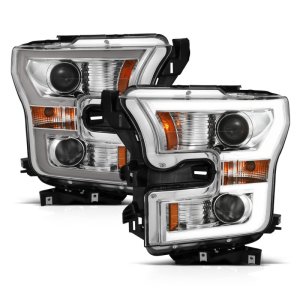 Ford F-150 Projector Headlights - ANZO - Plank Style Switchback - Chrome w/ Amber - `15-`17