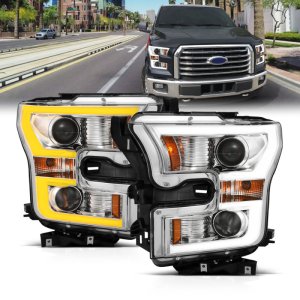 Ford F-150 Projector Headlights - ANZO - Plank Style Switchback - Chrome w/ Amber - `15-`17