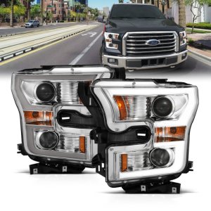 Ford F-150 Projector Headlights - ANZO - Plank Style Switchback - Chrome w/ Amber - `15-`17
