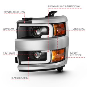 Chevrolet Silverado Projector Headlights - ANZO - Plank Style Design - Black w/ Amber - `15-`16