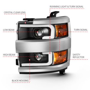 Chevrolet Silverado Projector Headlights - ANZO - Plank Style Design - Black w/ Amber - `15-`16