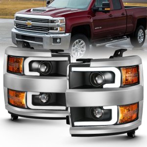 Chevrolet Silverado Projector Headlights - ANZO - Plank Style Design - Black w/ Amber - `15-`16