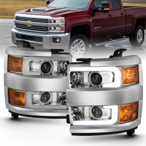 Chevrolet Silverado Projector Headlights - ANZO - Plank Style Design - Chrome w/ Amber - `15-`16