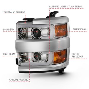 Chevrolet Silverado Projector Headlights - ANZO - Plank Style Design - Chrome w/ Amber - `15-`16