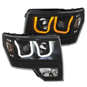 Ford F-150 Headlights - ANZO - Projector w/ U-Bar Switchback - Black w/ Amber - `09-`14