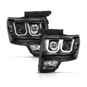 Ford F-150 Headlights - ANZO - Projector w/ U-Bar Switchback - Black w/ Amber - `09-`14