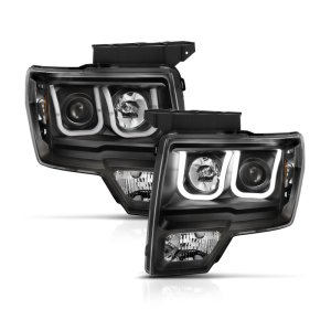 Ford F-150 Headlights - ANZO - Projector w/ U-Bar Switchback - Black w/ Amber - `09-`14