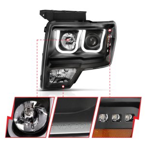 Ford F-150 Headlights - ANZO - Projector w/ U-Bar Switchback - Black w/ Amber - `09-`14