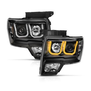 Ford F-150 Headlights - ANZO - Projector w/ U-Bar Switchback - Black w/ Amber - `09-`14