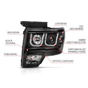 Ford F-150 Headlights - ANZO - Projector w/ U-Bar Switchback - Black w/ Amber - `09-`14