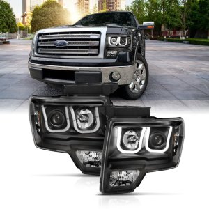 Ford F-150 Headlights - ANZO - Projector w/ U-Bar Switchback - Black w/ Amber - `09-`14