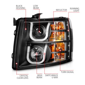 Chevrolet Silverado 1500 Headlights - ANZO - Projector w/ U-Bar Switchback - Black w/ Amber - `07-`13