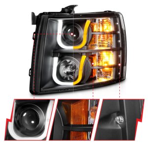 Chevrolet Silverado 1500 Headlights - ANZO - Projector w/ U-Bar Switchback - Black w/ Amber - `07-`13