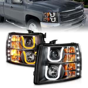 Chevrolet Silverado 2500 Headlights - ANZO - Projector w/ U-Bar Switchback - Black w/ Amber - `07-`13