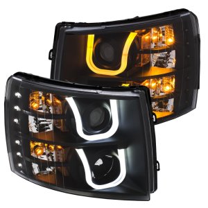 Chevrolet Silverado 2500 Headlights - ANZO - Projector w/ U-Bar Switchback - Black w/ Amber - `07-`13