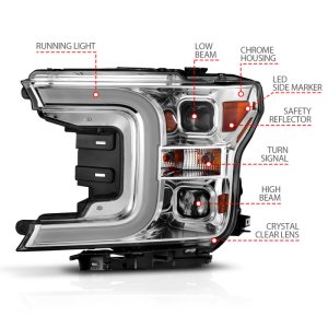 Ford F-150 Headlights - ANZO - Projector w/Plank Style Switchback - Chrome w/Amber - `18-`19