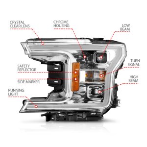 Ford F-150 Headlights - ANZO - Projector w/Plank Style Switchback - Chrome w/Amber - `18-`19