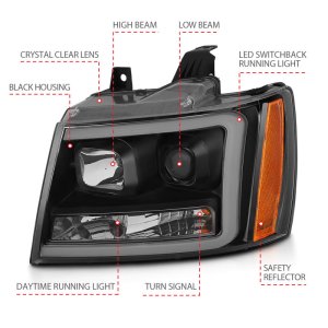 Chevrolet Tahoe Headlight Set - ANZO - Projector w/ Plank Style Switchback - Black w/ Amber - `07-`14 Chevrolet Tahoe Headlight Set - ANZO - Projector w/ Plank Style Switchback - Black w/ Amber - `07-`14