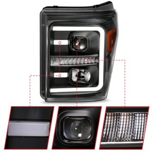 Ford F250 Headlights - ANZO - Projector w/ Plank Style Switchback - Black w/ Amber - `11-`16