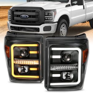 Ford F250 Headlights - ANZO - Projector w/ Plank Style Switchback - Black w/ Amber - `11-`16